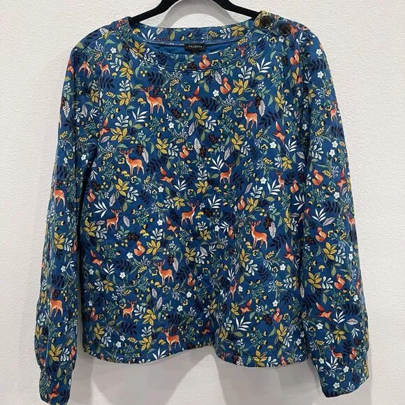 Talbots Woodland Ditsy Animal Print Quilted Sweatshirt Women's Large Blue Fairie - Picture 2 of 10